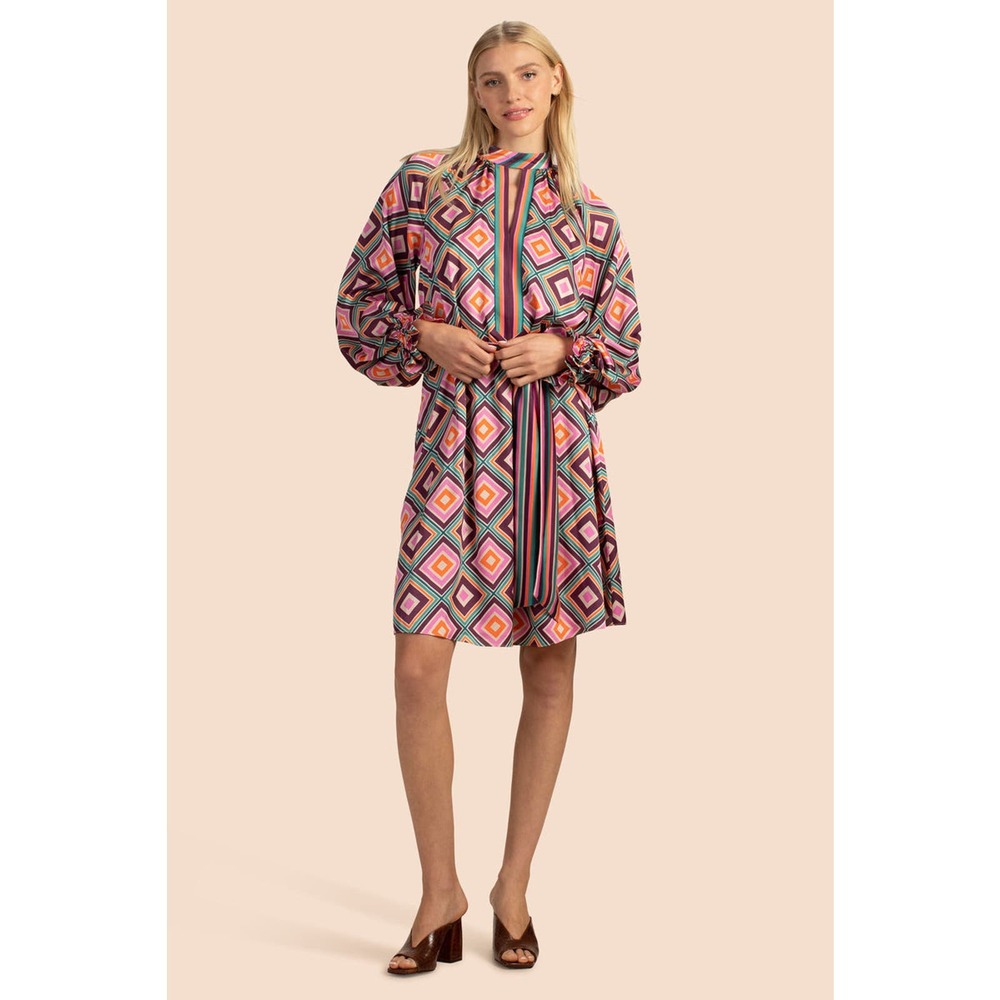 Trina Turk Sunburst Dress Dramatic Shirtdress Brookhaven Satin Georgette sz M - Picture 2 of 6
